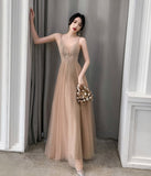 A line v neck tulle long prom dress evening dress HZ1023