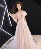 Pink lace tulle long prom dress pink evening dress HZ1023