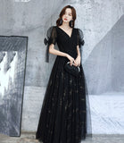 Black v neck tulle long prom dress A line evening dress HZ1023