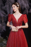 Red v neck tulle long A line prom dress evening dress HZ1023