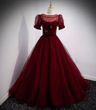 Burgundy tulle long prom dress two pieces evening dress HZ1023