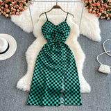 Fashion sleeveless backless split V-neck checkerboard dress HZ1023
