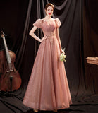 Pink tulle sequins long prom dress pink evening dress HZ1023
