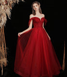 Burgundy tulle beads long prom dress A line evening gown HZ1023