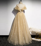 Gold tulle sequins long ball gown dress formal dress HZ1023