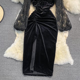 Black V Neck Velvet Dress Long Sleeve Dress HZ1023