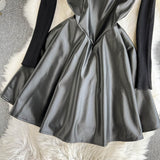 Fashionable Knitted Base Sweater + A Line PU Leather Dress Fashion Dress HZ1023