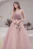 Pink tulle long A line prom dress evening dress HZ1023