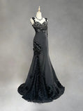Black Luxury Gorgeous Vintage Shiny Elegant Delicate Floral Gemstone Rhinestone Beads Satin Long Mermaid Floor Length Trail Fairy Ball Gown Evening Gown Party Gown Prom Gown Lola's Dinner HZ1023