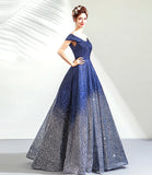 Blue sequins long ball gown dress blue evening dress HZ1023