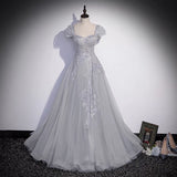 Gray tulle lace long prom dress A line evenig gown HZ1023