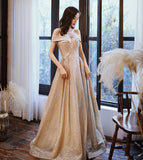 Gold sequins long A line prom dress evening dress HZ1023