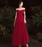 Burgundy tulle off shoulder prom dress evening dress HZ1023