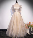 Champagne tulle sequins long prom dress A line evening gown HZ1023