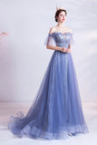 Blue tulle lace long A line prom dress evening dress HZ1023
