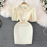 V-neck slim jacquard short A-line dress short sleeve HZ1023