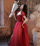 Burgundy tulle beads long prom dress evening gown HZ1023