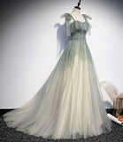 Green tulle sequins long prom dress evening gown HZ1023
