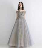 Gray tulle sequins long prom dress evening dress HZ1023