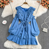 Blue V Neck Long Sleeve Dress Fashion Dress HZ1023