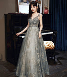 Gray tulle sequins A line prom dress gray evening dress HZ1023