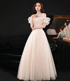 Champagne tulle long prom dress A line evening dress HZ1023