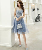 Blue lace sequins short prom dress party dress HZ1023