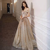 Gold sequins long A line prom dress evening dress HZ1023