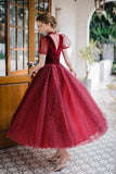 Burgundy tulle short prom dress A line evening dress HZ1023