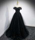 Black tulle long A line prom dress black evening dress HZ1023