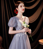 Gray tulle sequins long A line prom dress evening dress HZ1023