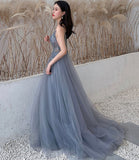 Blue tulle beads long prom dress blue evening dress HZ1023