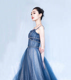 Blue tulle long prom dress shiny evening dress HZ1023