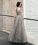 Gray Fashion Elegant V-neck Sequined Long Tulle Ball Gown Evening Dress Ball Gown HZ1023