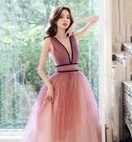 Pink v neck tulle long prom dress evening dress HZ1023