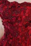 Burgundy satin lace long prom dress A line evening dress HZ1023