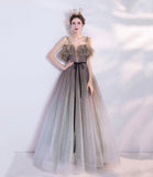 Gray green tulle sequins long prom dress evening dress HZ1023