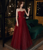 Burgundy tulle sequins long prom dress A line evening dress HZ1023