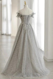 Gray tulle beads long prom dress evening gown HZ1023