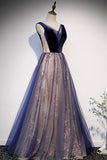 Blue v neck tulle long A line prom dress formal dress HZ1023