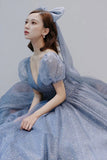 Blue v neck tulle long A line prom dress evening dress HZ1023