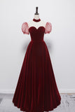 Cute velvet long prom dress burgundy A line evening dress HZ1023
