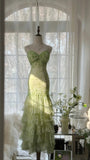 Green Romantic Fashion Elegant Exquisite Beaded Spaghetti Straps Tassel Long Tulle Chiffon Ruffle Ball Gown Evening Gown Party Dress HZ1023