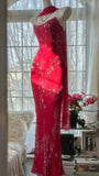 Red Romantic Gorgeous Fashion Elegant Exquisite Beaded Long Chiffon Ball Gown Evening Dress Birthday/Wedding Guest/Vacation Party Dress Prom Dress Valentine's Day Date Dress HZ1023