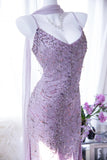 Light Purple Elegant Romantic Exquisite Beaded Long Chiffon Ball Gown Evening Dress Birthday/Wedding Guest/Holiday Party Dress Prom Dress HZ1023