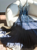 Blue Gorgeous Shiny Exquisite Beaded Spaghetti Straps V Neck Long Sequined Chiffon Ball Gown Evening Dress Party Dress HZ1023