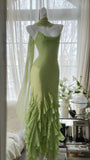 Green Stylish Elegant Spaghetti Straps Long Ruffled Mermaid Slim Fit Chiffon Ball Gown Birthday Party Dress Evening Dress Prom Dress HZ1023
