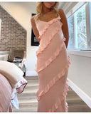 Pink Fashion Elegant Spaghetti Strap Long Mermaid Chiffon prom dress Ball Gown Evening Dress Party Dress HZ1023