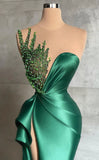 Green luxury gorgeous beaded gown long elegant satin sexy slit prom dress evening gown party dress HZ1023
