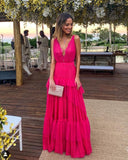 Pink Elegant Sexy V-neck Lace Spaghetti Straps Long Chiffon Ruffle Ball Gown Evening Dress Wedding Guest Party Dress HZ1023